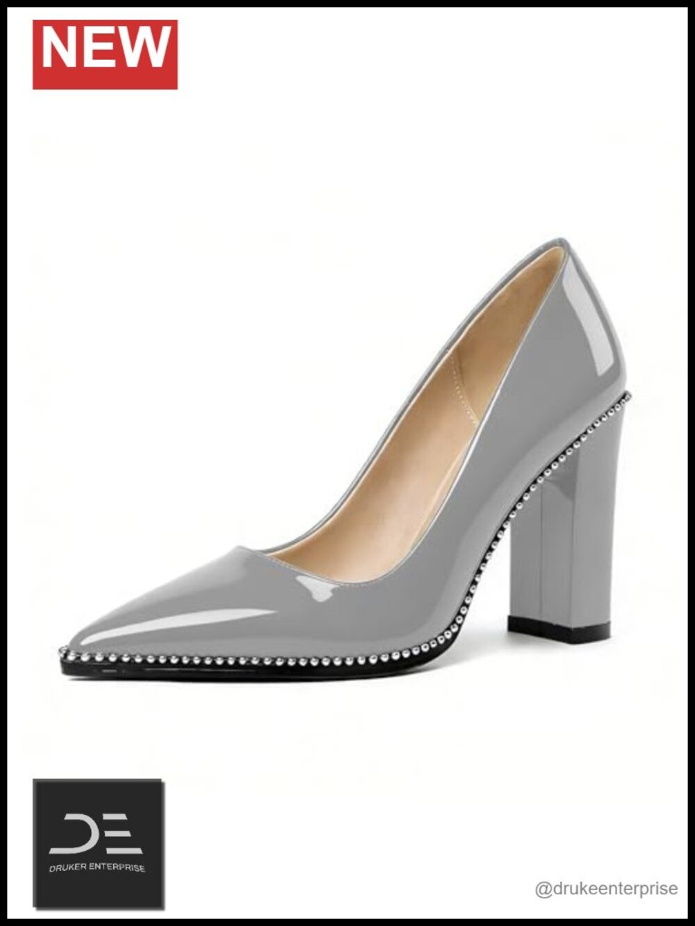 Chunky Heel Pumps Women Pointed Toe Block Heel 3.5 Inch Patent Leather Wedding